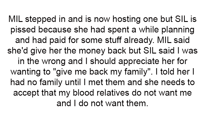 MIL stepped in and is now hosting one, but SIL is pissed