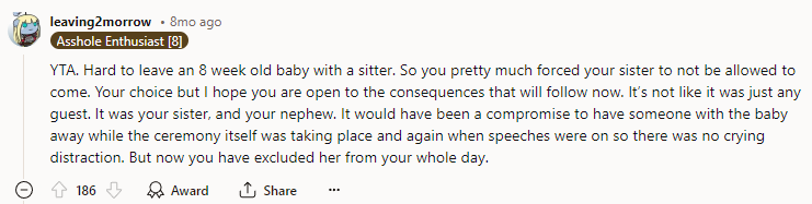 YTA. Hard to leave an 8-week-old baby with a sitter