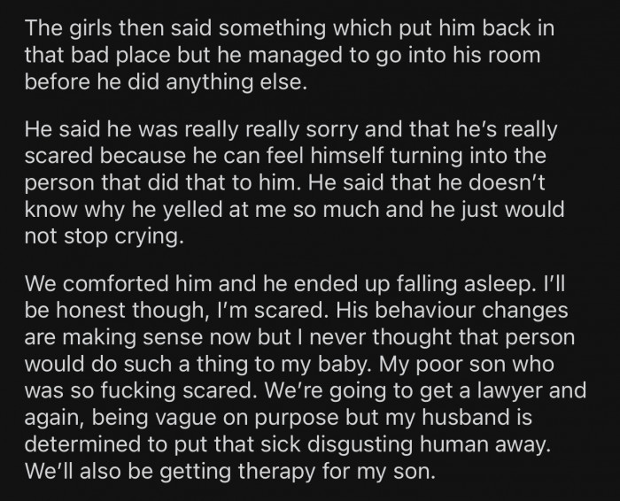 OP and her husband are planning to get a lawyer and take legal action against their son's aggressor.