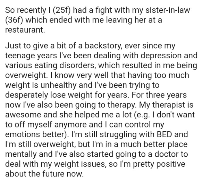 OP is still struggling with BED and is still overweight, but she's in a much better place