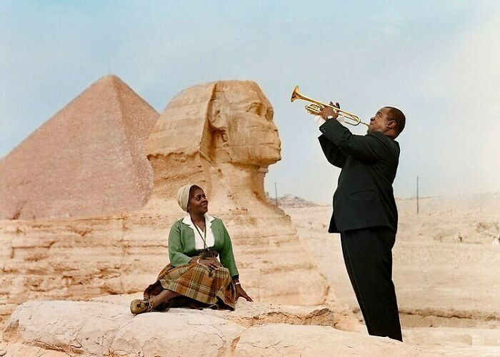 41. Louis Armstrong Playing The Trumpet For His Wife Lucille In Front Of The Great Sphinx Of Giza In Greater Cairo, Egypt, In 1961