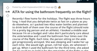 Man Uses Bathroom Four Times On A 3-Hour-Flight Because He Drank 80oz Of Water After Reading That You Dehydrate Two Times Faster During Flight