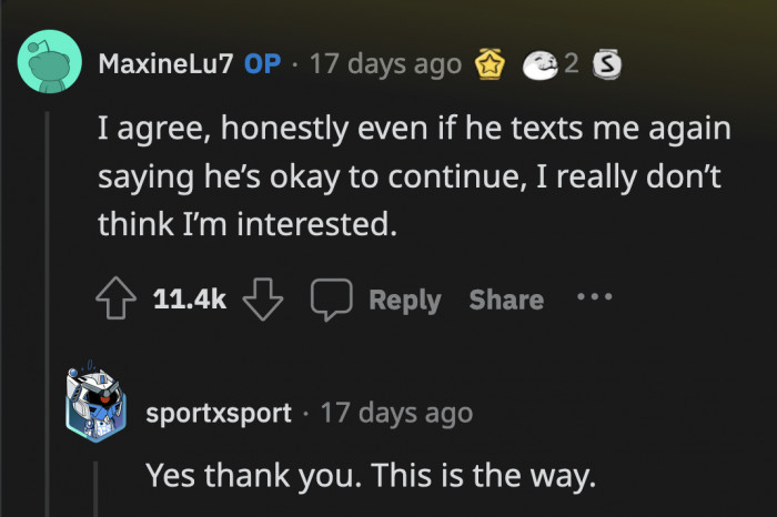 OP agreed and said that even if he texts her again, she won't be interested in continuing a relationship with him