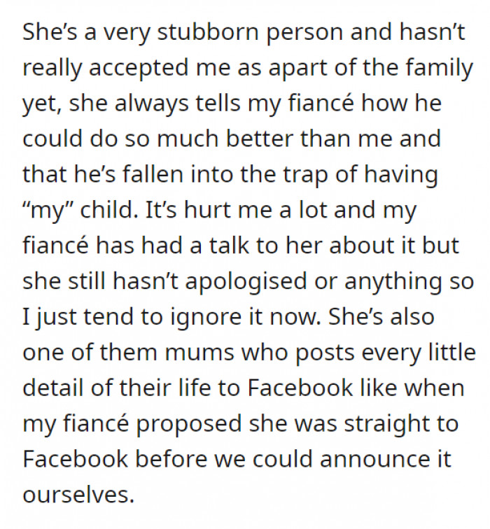 However, OP and the MIL seem to have a rocky relationship, even going as far as gaslighting her own son into believing he could do better than her. She also seems like the typical Karen we all know—the kind who posts literally everything on Facebook.