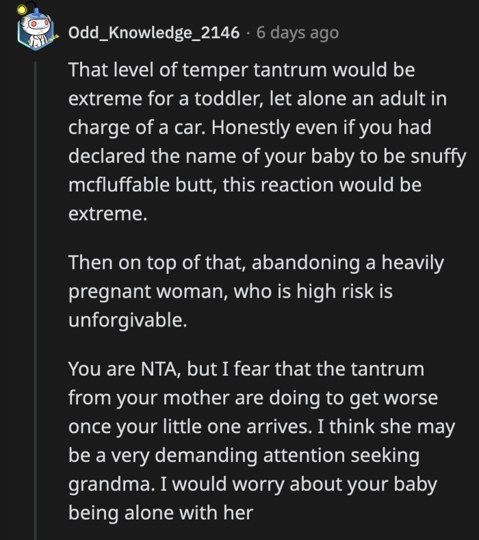 Does mom not understand what a high-risk pregnancy means? Abandoning OP without a phone was a dangerous way to handle her frustration.