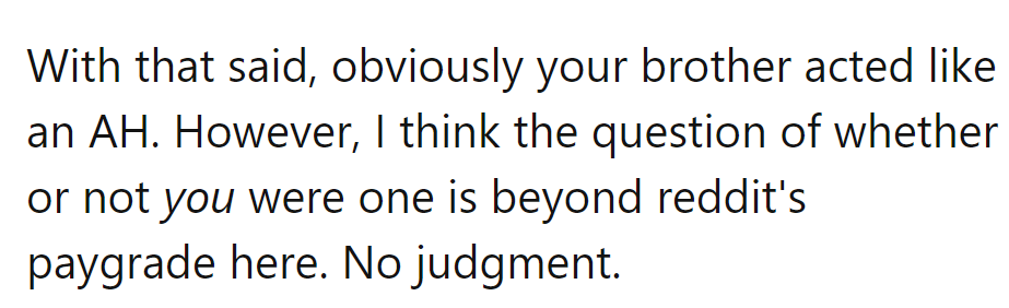 Brother's clearly an AH, no debate. As for OP, judgment is above Reddit's pay grade!