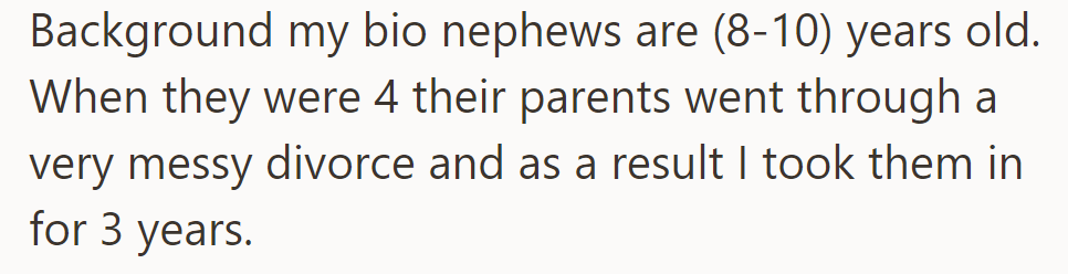 OP's nephews, now aged 8-10, lived with her for three years after their parents' messy divorce when they were 4.