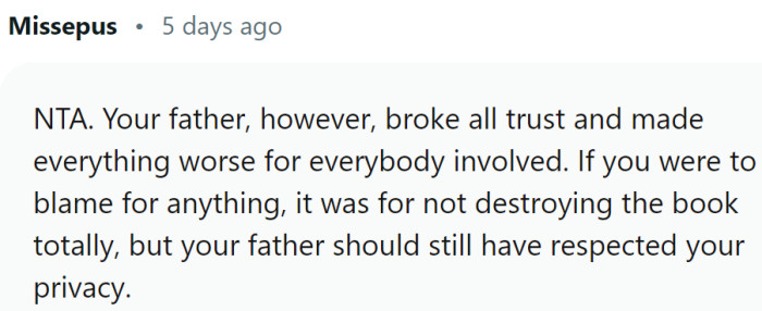 OP should have destroyed the book, but the father should still have respected his privacy.