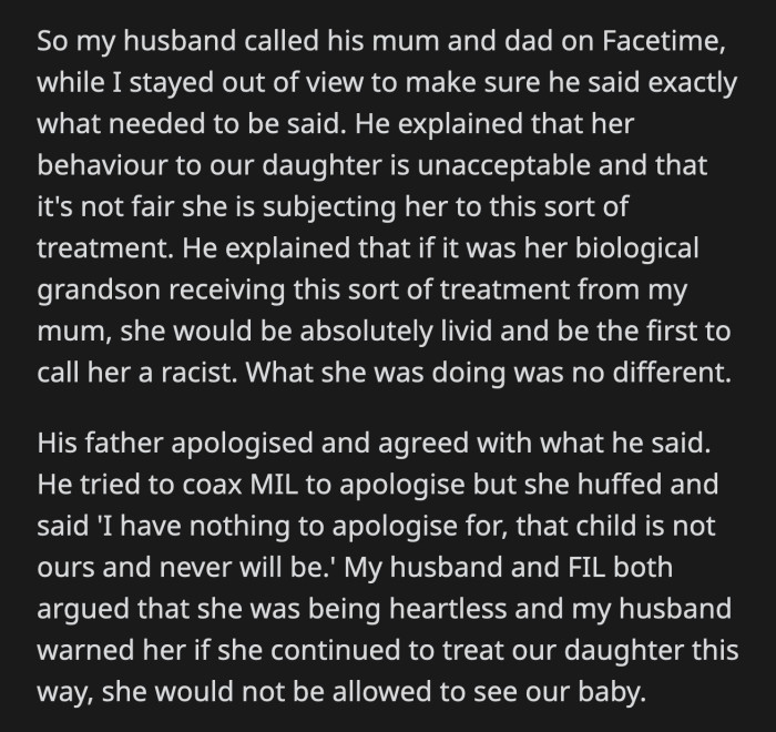 OP's husband called his parents on FaceTime and gave them a rundown of every wrong thing they've said or done to his daughter