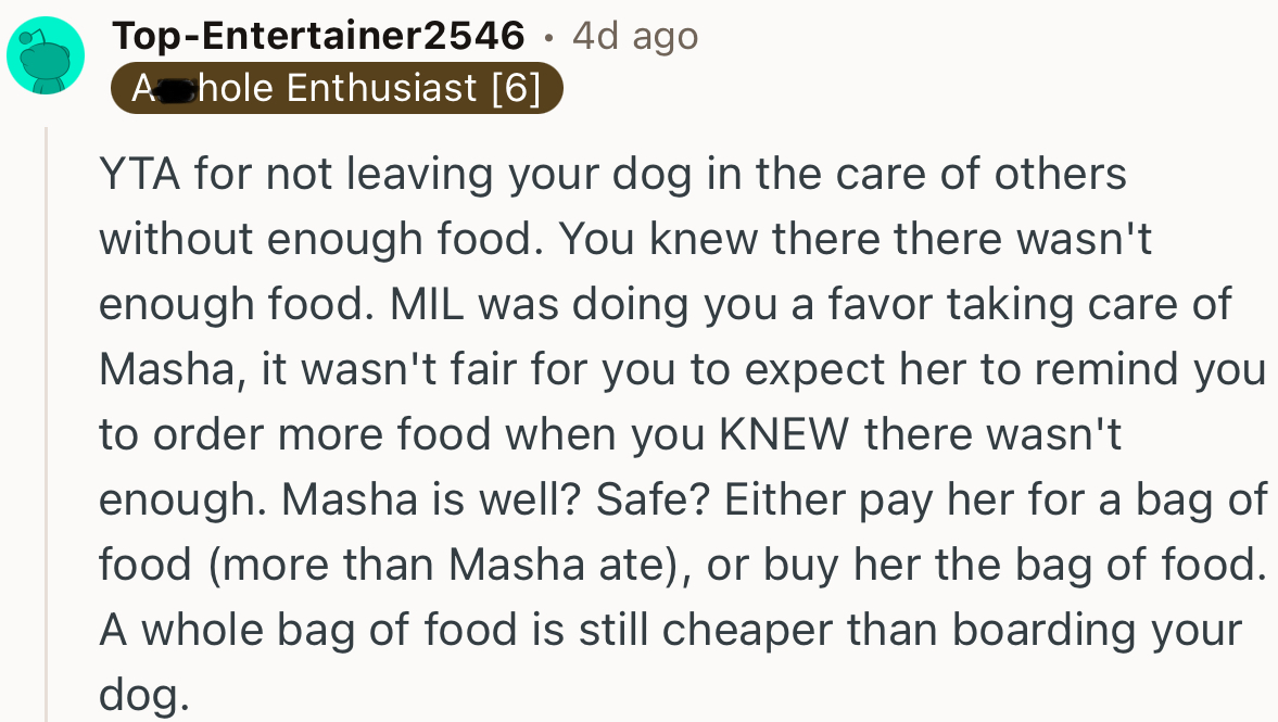 “It wasn't fair for you to expect her to remind you to order more food when you KNEW there wasn't enough.”