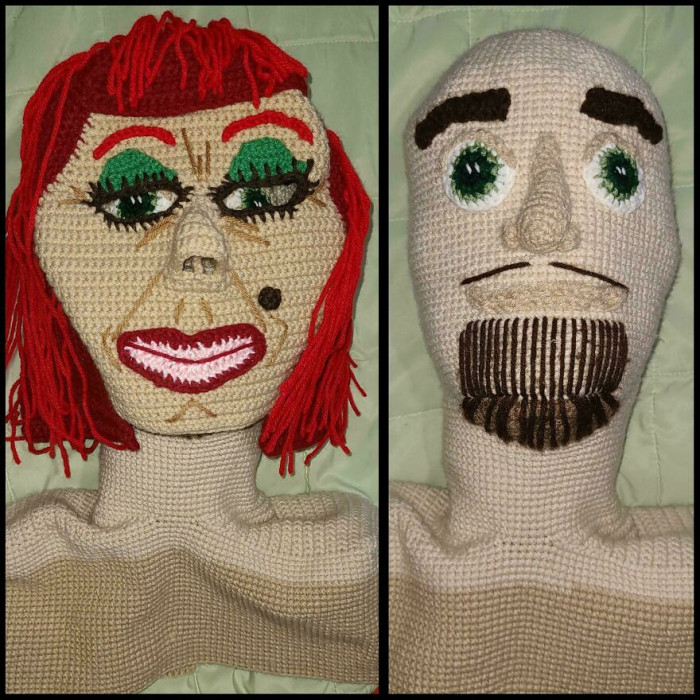 "Crocheting Myself A Life-Sized Friend (Guy On The Right) And It Turns Out The Masks I Make Fit Him! I'm Open To Any Name Suggestions For My Friend 💜"