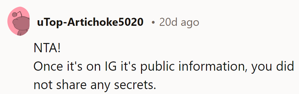 NTA! Once it's on IG, it's fair game—no secrets were spilled on her part.