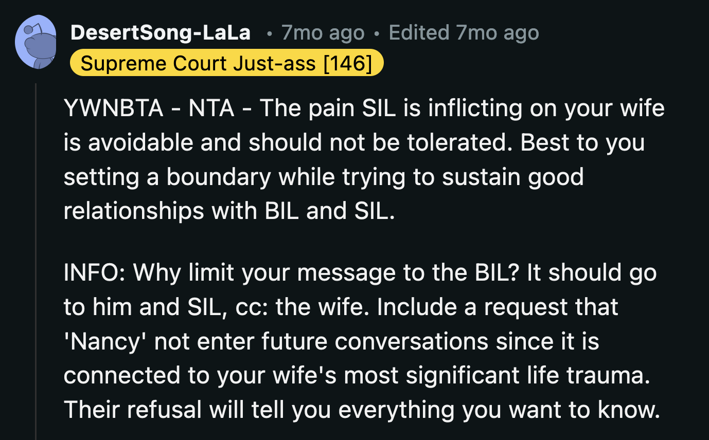 OP's sister-in-law is fully aware of what she is doing each time she brings up naming her baby Nancy.