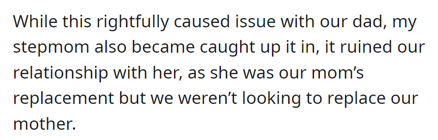 Dad's push to replace their late mom strained the relationship with Stepmom, who got caught up in it.
