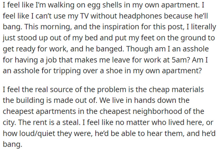 The building's cheap construction seems to be the main problem, making even minor noises a disturbance to neighbors.