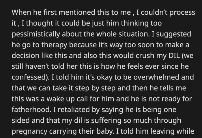 OP advised him not to leave his wife while she's pregnant and to think of how much she's already suffered.