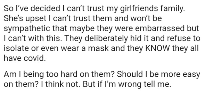 OP believes the girlfriend's family deliberately hid it and refuse to isolate or even wear a mask, and they all know they have Covid
