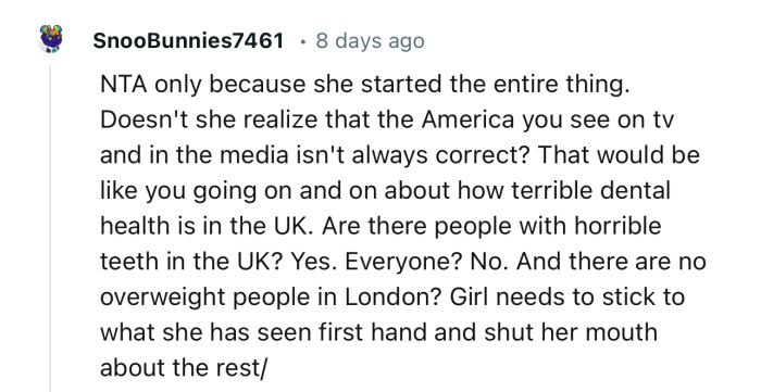 “Doesn't she realize that the America you see on TV and in the media isn't always correct?”