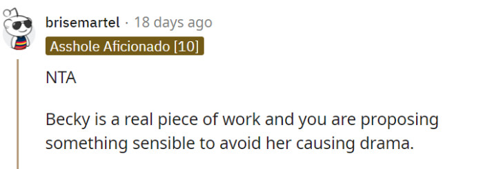 Becky's behavior can be quite difficult to manage, and your sensible proposal to avoid potential drama is a valid approach. Prioritizing a peaceful and harmonious experience for you and your wife during this special time is crucial, and finding ways to minimize Becky's negative impact is a reasonable choice.
