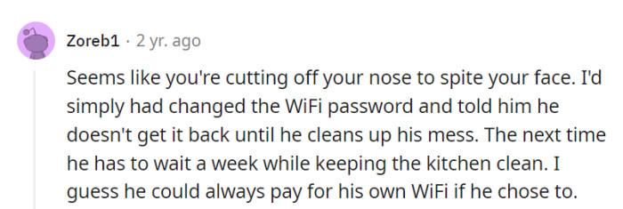 Turning the Wi-Fi into a motivational tool—a high-speed incentive for cleanliness! It's a digital-age standoff with a side of practicality.