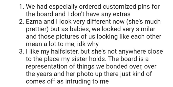 OP gives reasons for not including her half-sister in the moodboard