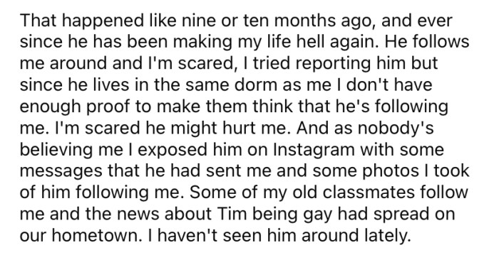 Since no one would believe the Redditor, as a last resort, he outed the bully on Instagram, posting screenshots of some of the messages he had sent him.