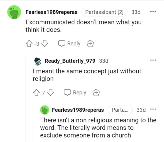 This Redditor thinks the OP doesn't know what excommunication means