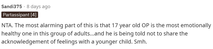 This is true too because the adults should have definitely said something to the kid to comfort them during this tough time.