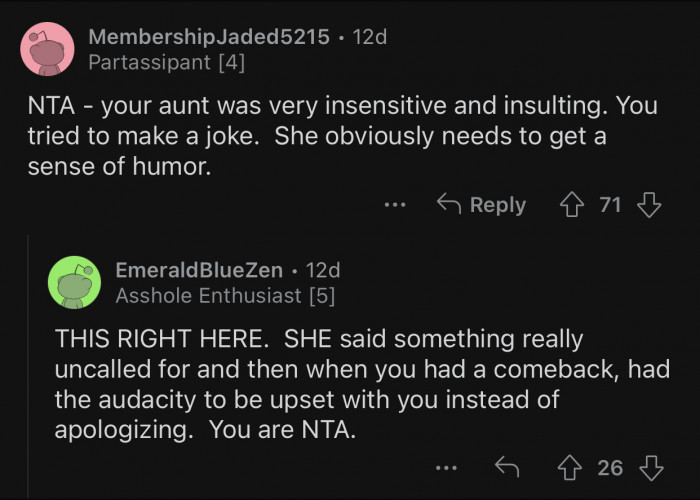 The aunt is the one who should be doing the apologizing.