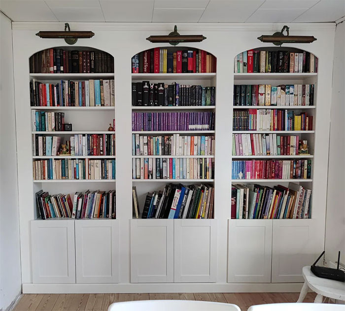 18. Billy bookcases assembled with plywood placed in front to create a built-in look