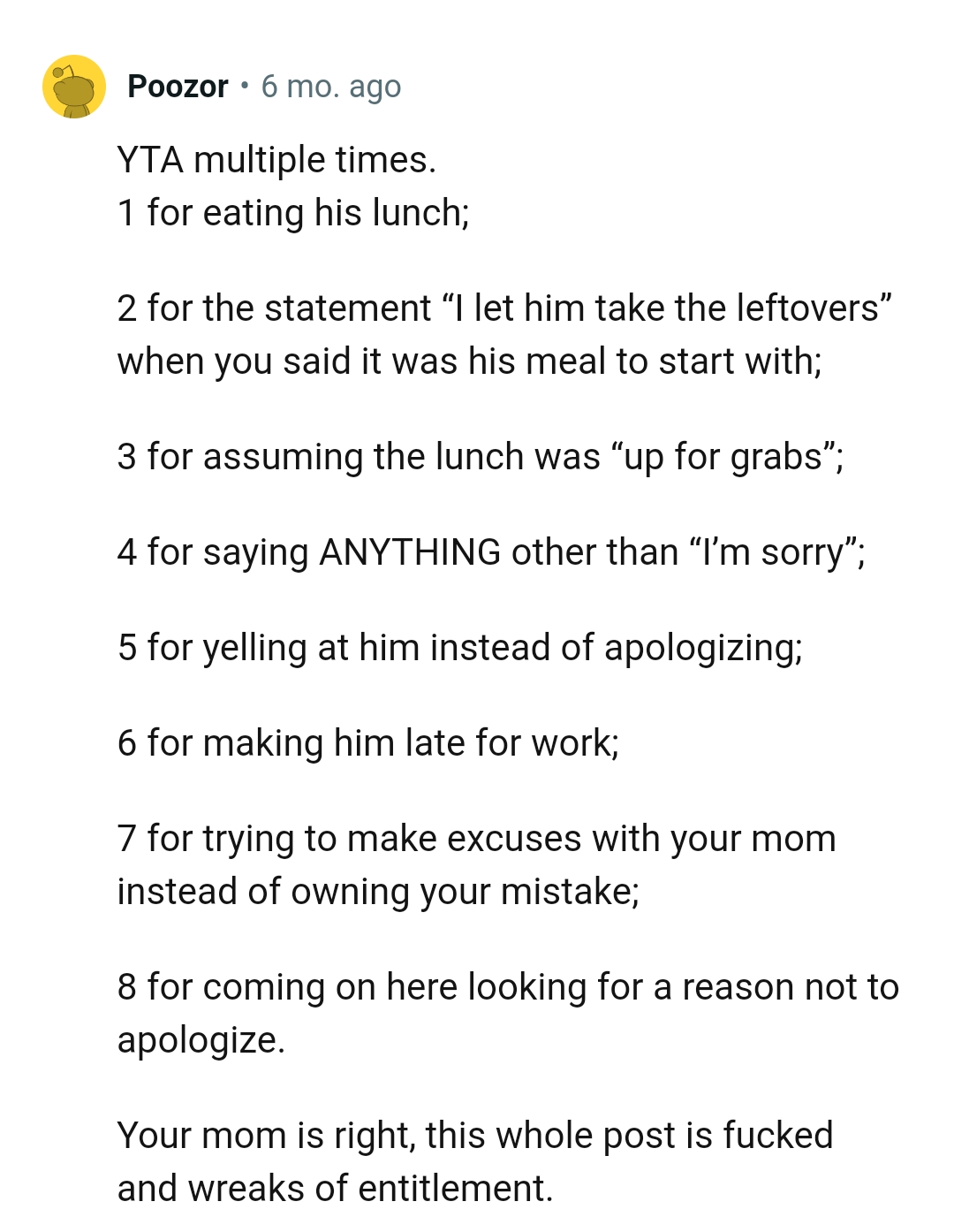 This Redditor lists the multiple reasons the OP is the AH