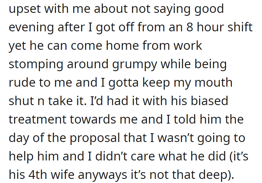 He scolded her for not greeting him after work, yet he brings negativity home. Fed up, she refused to help with his fourth marriage proposal.
