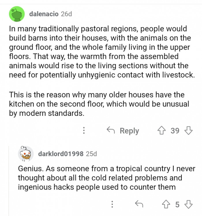 12. This explains why older houses have kitchens on the second floor.