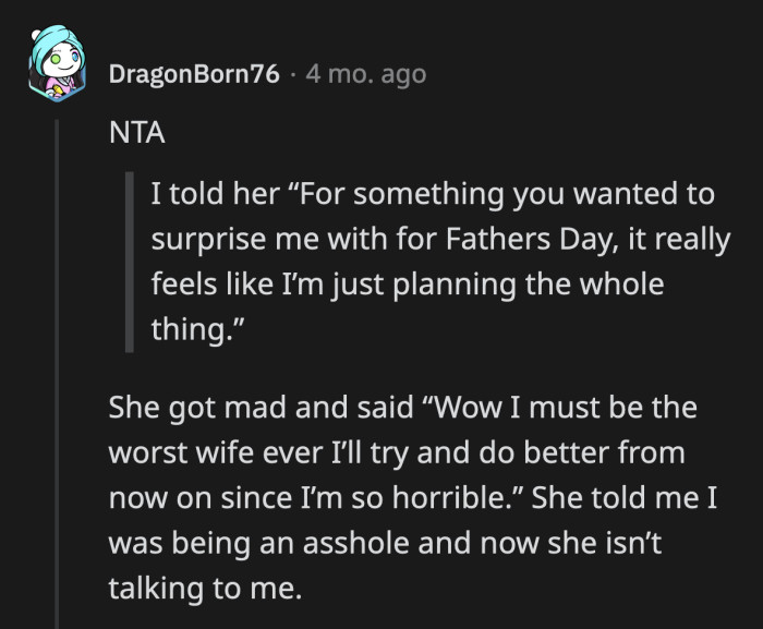 OP's wife needs to admit to herself that she dropped the ball this Father's Day