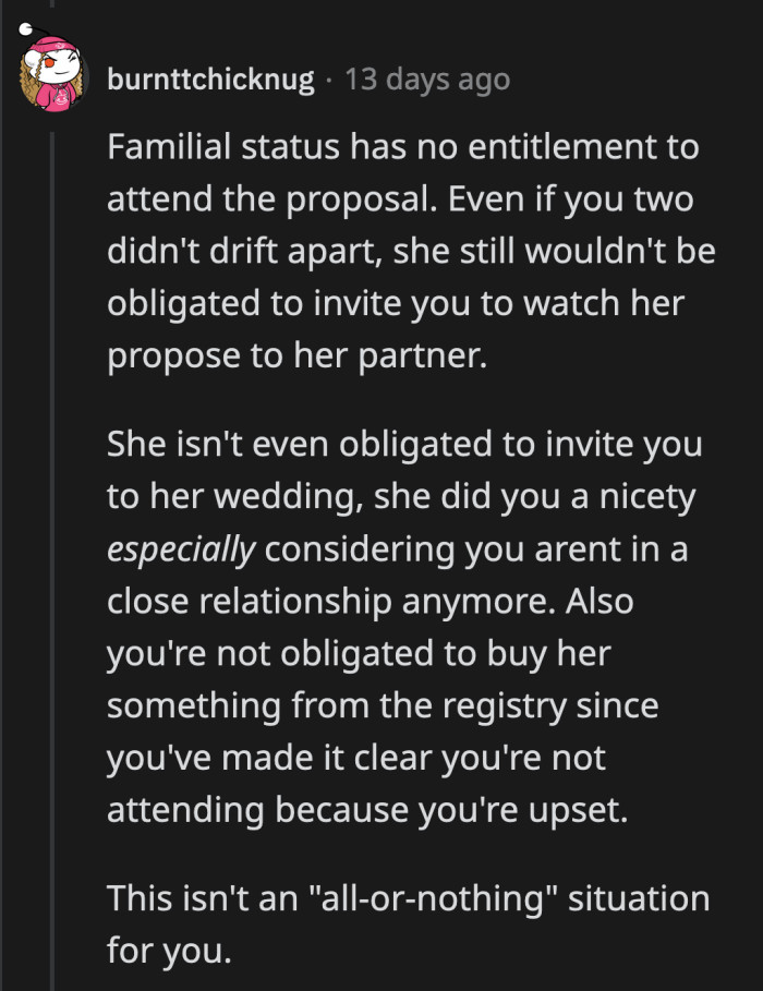 A close relationship doesn't guarantee an invite to someone's wedding. On the flip side, sending a gift is also not mandatory for OP given the situation.