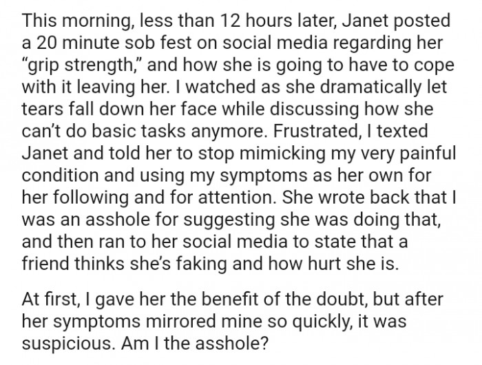 She wrote back that the OP was an AH for suggesting she was doing that