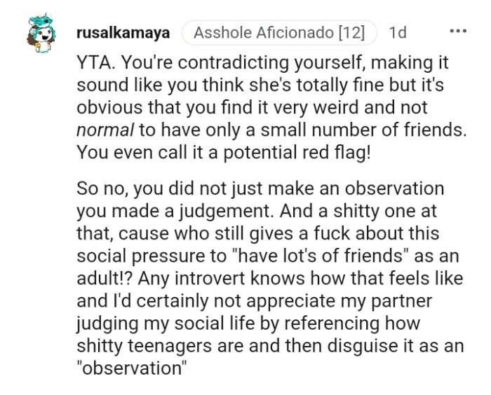 This Redditor wouldn't appreciate their partner judging their social life