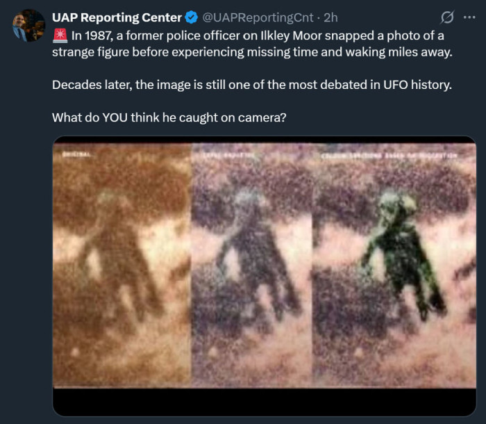 "Ilkley Moor Alien Picture Taken by a British Police Officer Who Saw a UFO in 1987"
