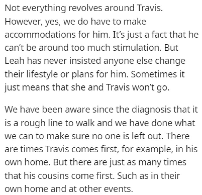OP Explains That There Are Certain Accommodations They Have to Make for Travis