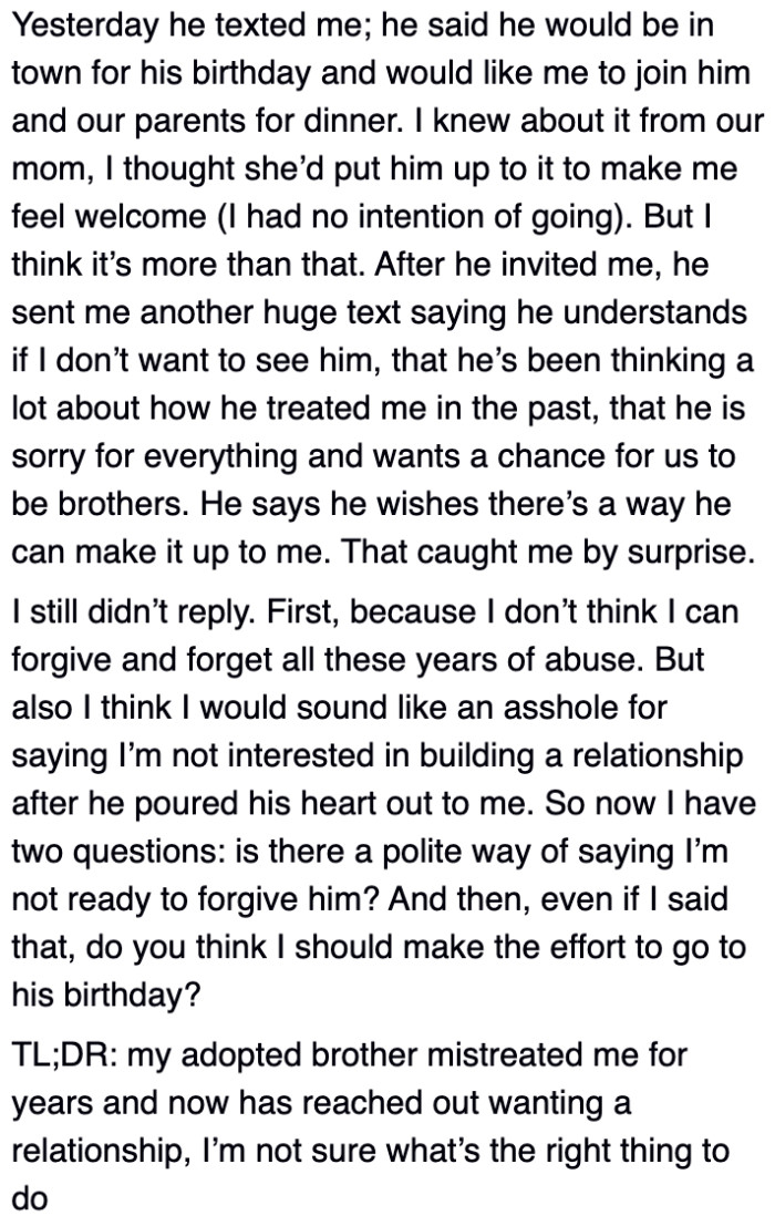 The OP Suddenly Received a Text from His Brother, Inviting Him to a Birthday Dinner