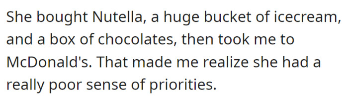 Her choices of Nutella, a big ice cream bucket, chocolates, and a McDonald's visit highlighted her questionable priorities.