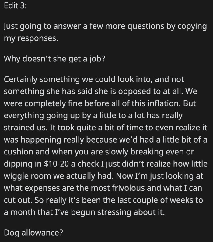 People then asked why OP's wife wouldn't get a job to sustain the said allowance