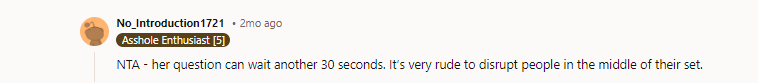 This, I actually don’t get why she didn’t wait. At my gym, and surely many others, you do other things or rest until the machine you need is available again. Patience, I feel, is a skill more people need to learn.