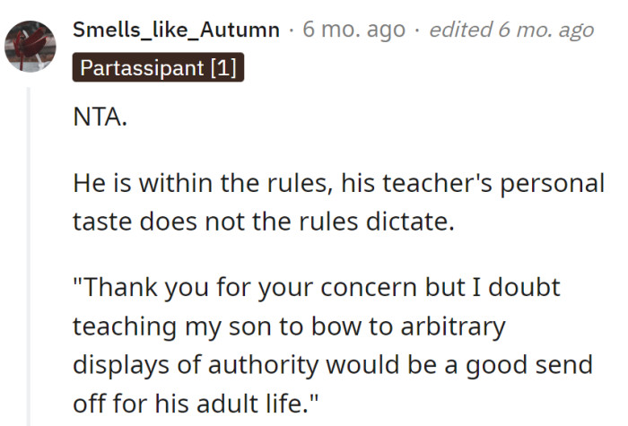 Son's hair obeys rules, not fashion police.