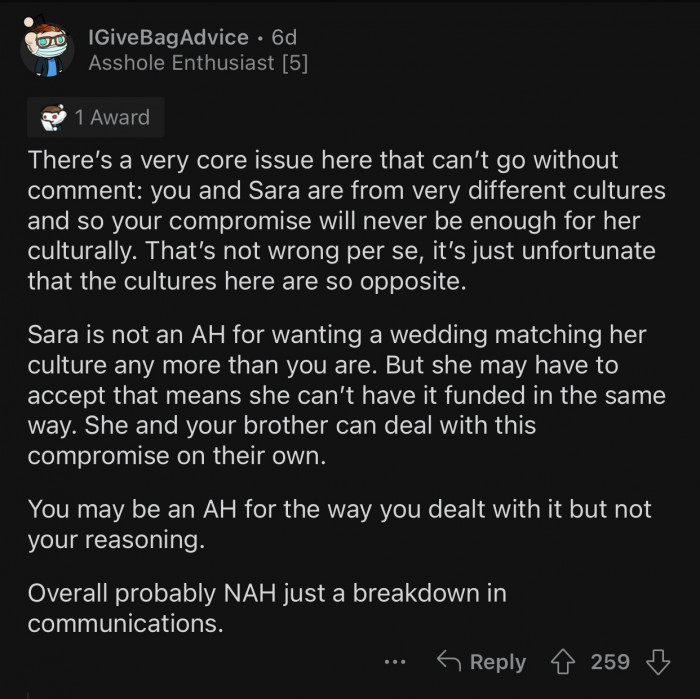 The two cultures are very different, and Sara is allowed to lean toward hers.