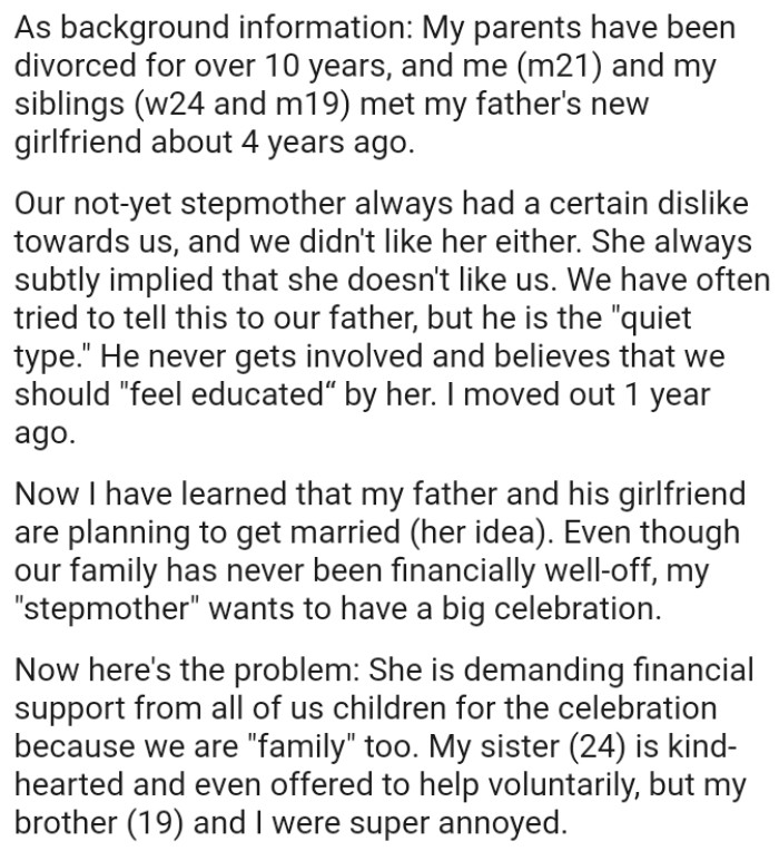 Even though OP's family has never been financially well-off, his stepmother wants to have a big celebration