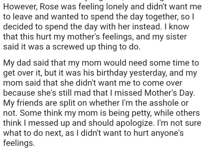 OP's Mom Said That She Didn't Want Him to Come Over Because She's Still Mad That He Missed Mother's Day