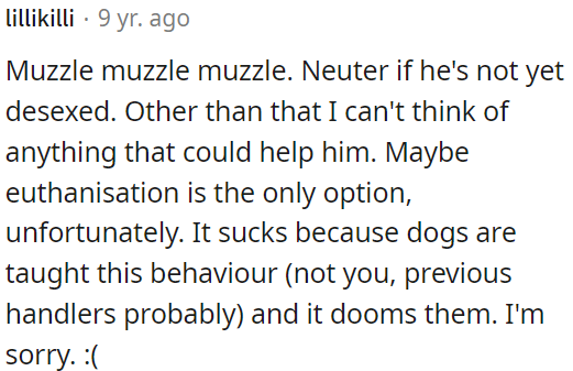 The dog's aggressive behavior is a concern, and neutering may help.