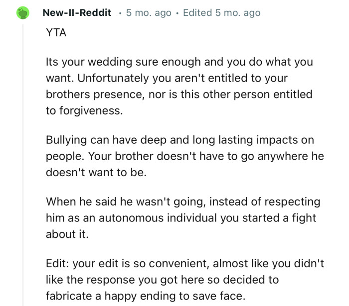 “Unfortunately, You Aren't Entitled to Your Brother's Presence, Nor Is This Other Person Entitled to Forgiveness.”