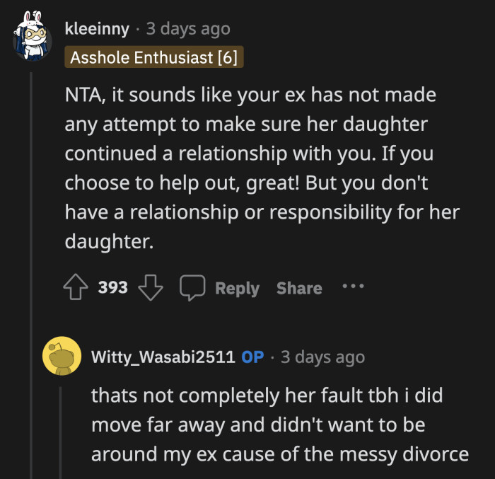 It seems like they didn't divorce on good terms, so that's a no-go on rekindling the flame. That makes it odd for the ex-wife to even think of asking OP.